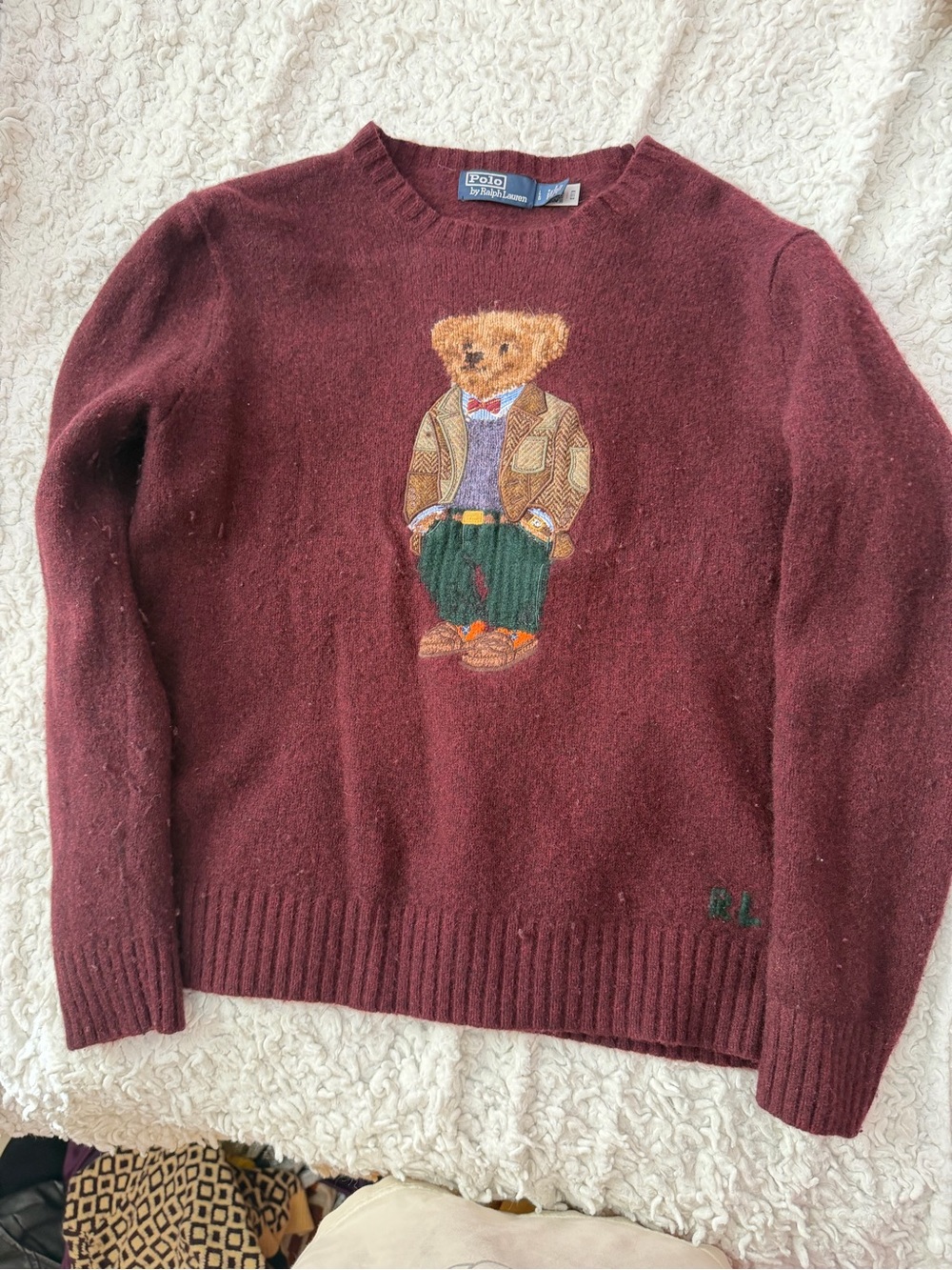 Ralph Lauren Men's Burgundy Bear Crewneck Sweater